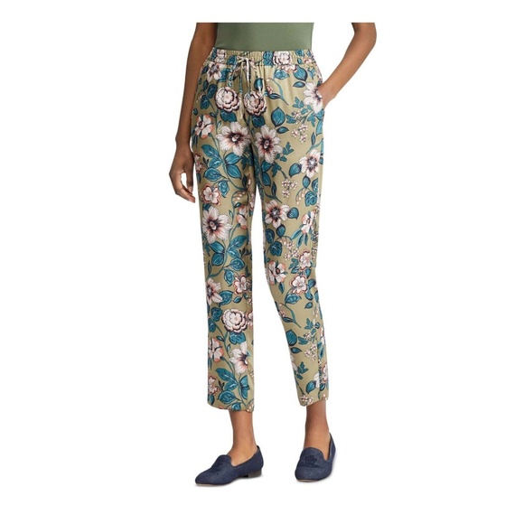 Lauren Ralph Lauren Drawstring Floral Green Silky Lounge Pants - Size 2 *NEW* - Picture 1 of 3